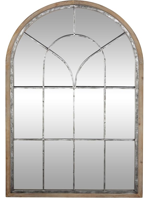 Metal Room Wall Mirror Window Pane Inspired Entryway Mirror with Arched Top, Wall Mounted Mirror 33" x 1" x 51", Brown