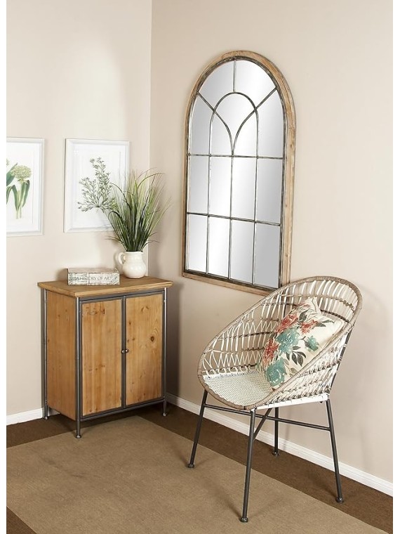 Metal Room Wall Mirror Window Pane Inspired Entryway Mirror with Arched Top, Wall Mounted Mirror 33" x 1" x 51", Brown