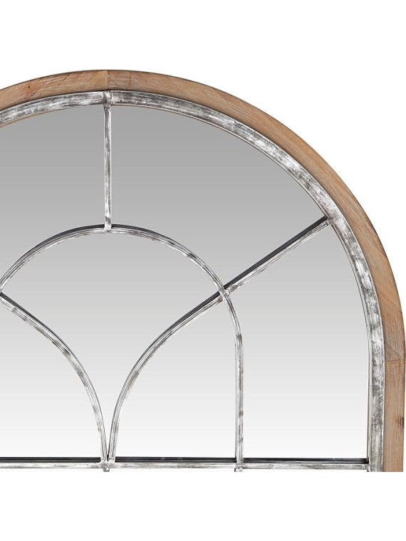 Metal Room Wall Mirror Window Pane Inspired Entryway Mirror with Arched Top, Wall Mounted Mirror 33" x 1" x 51", Brown