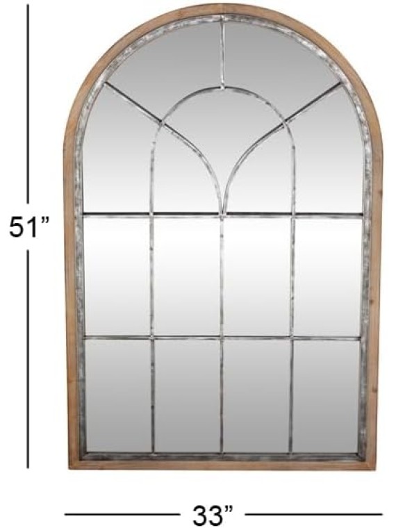 Metal Room Wall Mirror Window Pane Inspired Entryway Mirror with Arched Top, Wall Mounted Mirror 33" x 1" x 51", Brown