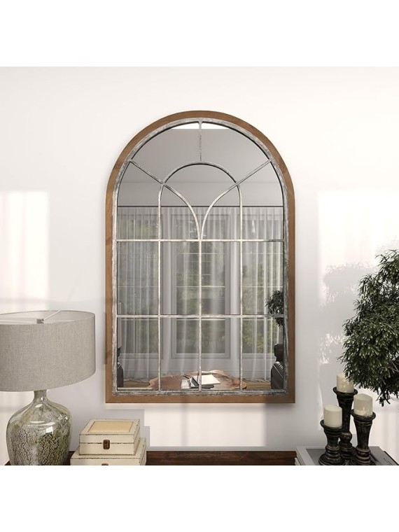 Metal Room Wall Mirror Window Pane Inspired Entryway Mirror with Arched Top, Wall Mounted Mirror 33" x 1" x 51", Brown