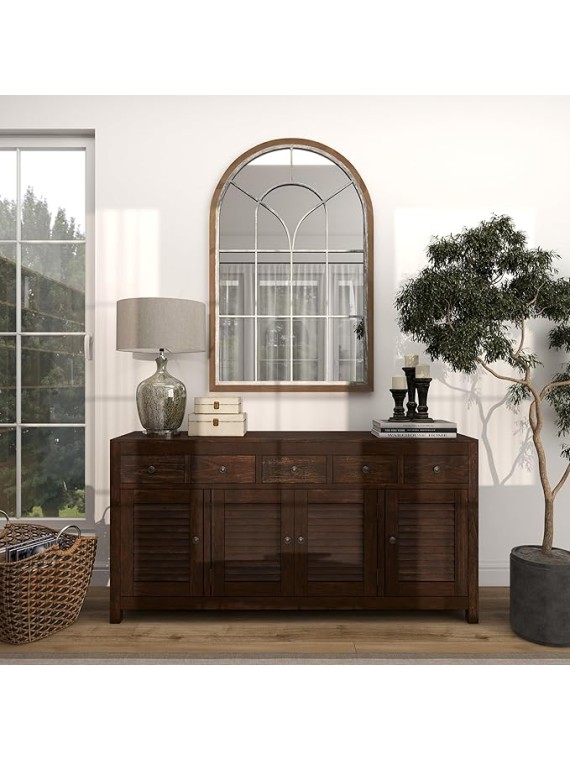 Metal Room Wall Mirror Window Pane Inspired Entryway Mirror with Arched Top, Wall Mounted Mirror 33" x 1" x 51", Brown