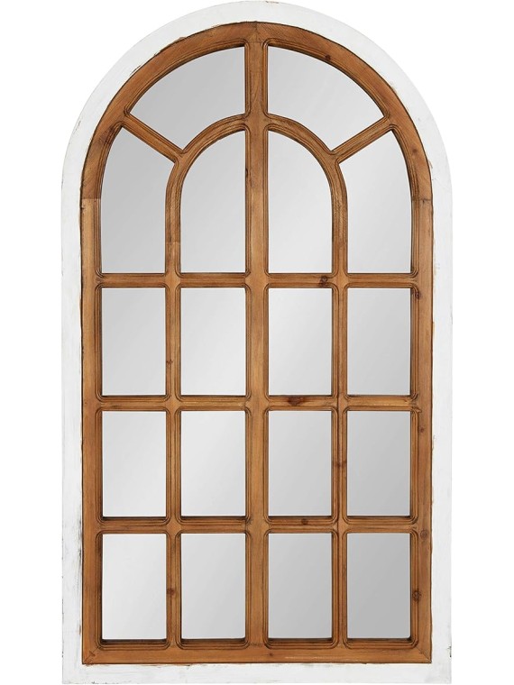 Boldmere Traditional Wood Windowpane Arch Wall Mirror, 22" x 38", White and Brown, Farmhouse Inspired Home Decor