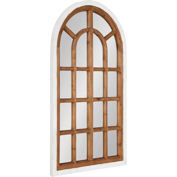 Boldmere Traditional Wood Windowpane Arch Wall Mirror, 22" x 38", White and Brown, Farmhouse Inspired Home Decor