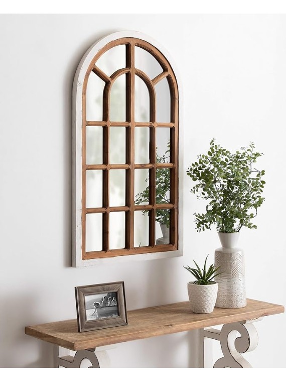 Boldmere Traditional Wood Windowpane Arch Wall Mirror, 22" x 38", White and Brown, Farmhouse Inspired Home Decor