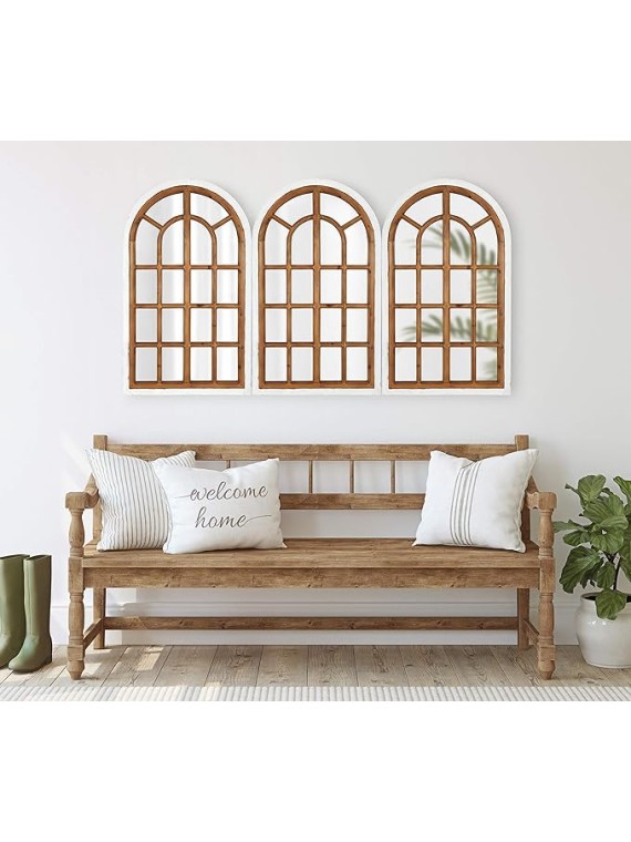 Boldmere Traditional Wood Windowpane Arch Wall Mirror, 22" x 38", White and Brown, Farmhouse Inspired Home Decor