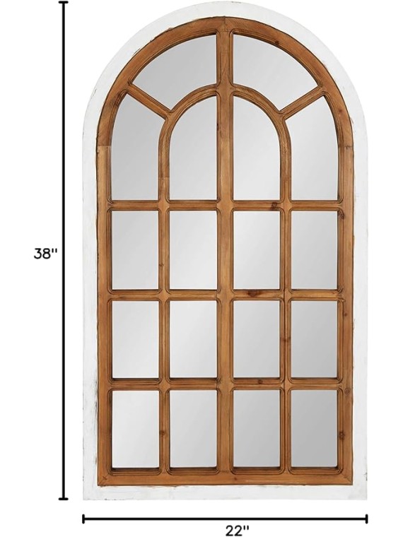 Boldmere Traditional Wood Windowpane Arch Wall Mirror, 22" x 38", White and Brown, Farmhouse Inspired Home Decor