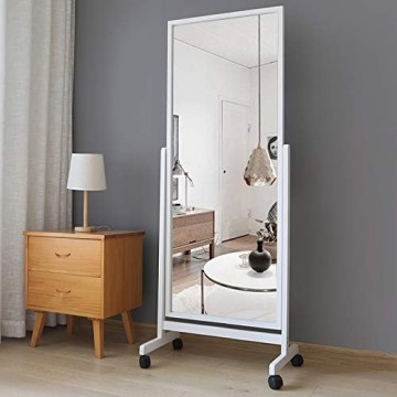 Full Length Floor Mirror With Wheels, 64"x22", Large Standing Tilting Swivel With Wood Frame & Stands, Cheval Bedroom Dressing Full Body, White