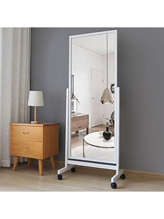 Full Length Floor Mirror With Wheels, 64"x22", Large Standing Tilting Swivel With Wood Frame & Stands, Cheval Bedroom Dressing Full Body, White