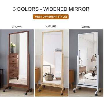 Full Length Floor Mirror With Wheels, 64"x22", Large Standing Tilting Swivel With Wood Frame & Stands, Cheval Bedroom Dressing Full Body, White