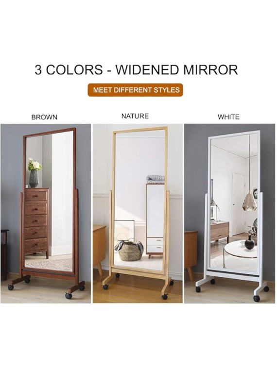 Full Length Floor Mirror With Wheels, 64"x22", Large Standing Tilting Swivel With Wood Frame & Stands, Cheval Bedroom Dressing Full Body, White