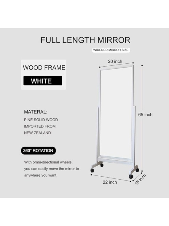 Full Length Floor Mirror With Wheels, 64"x22", Large Standing Tilting Swivel With Wood Frame & Stands, Cheval Bedroom Dressing Full Body, White