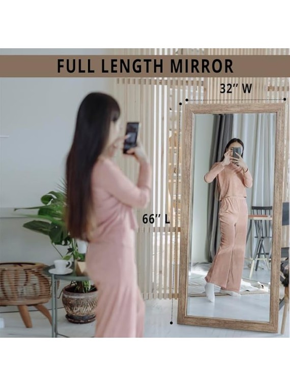 Farmhouse Full-Length Mirror with Wood Frame – Rustic Full Body Floor Mirror, 66"x32", Elegant Wood Floor Mirror Full Length - Natural