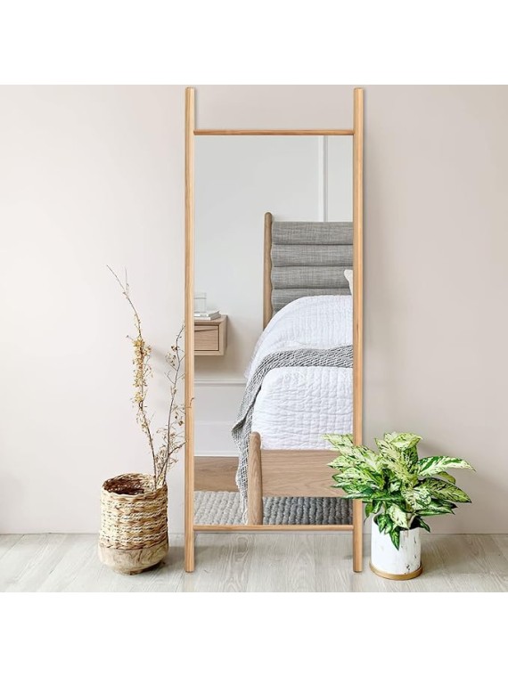 Full Length Mirror 65"x22", Rustic Leaning Ladder Floor Mirror with Wood Frame, Dressing Mirror Wall Mounted for Bedroom Living Room, Natural Wood