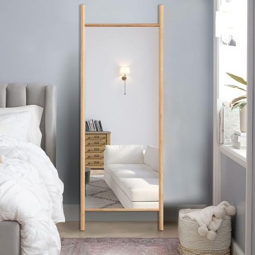 Full Length Mirror 65"x22", Rustic Leaning Ladder Floor Mirror with Wood Frame, Dressing Mirror Wall Mounted for Bedroom Living Room, Natural Wood