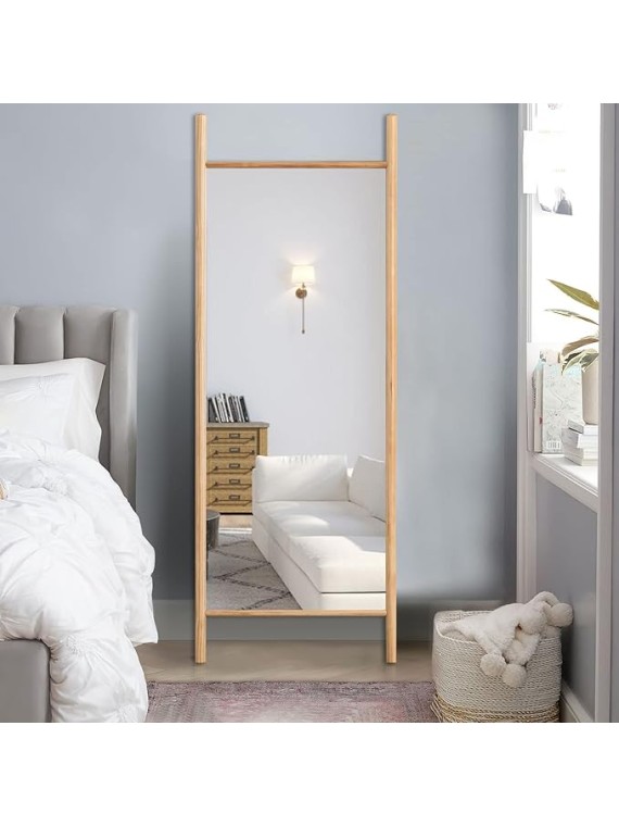 Full Length Mirror 65"x22", Rustic Leaning Ladder Floor Mirror with Wood Frame, Dressing Mirror Wall Mounted for Bedroom Living Room, Natural Wood