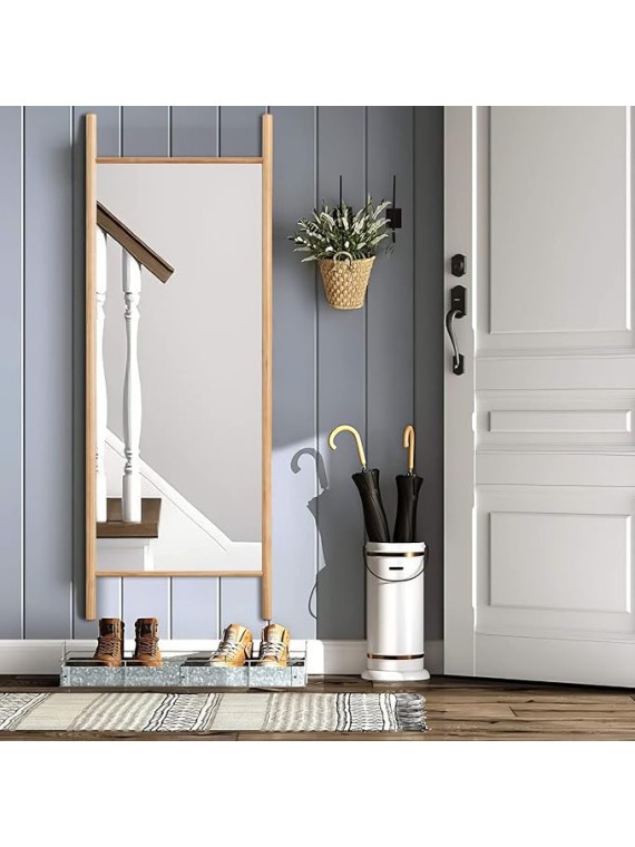 Full Length Mirror 65"x22", Rustic Leaning Ladder Floor Mirror with Wood Frame, Dressing Mirror Wall Mounted for Bedroom Living Room, Natural Wood