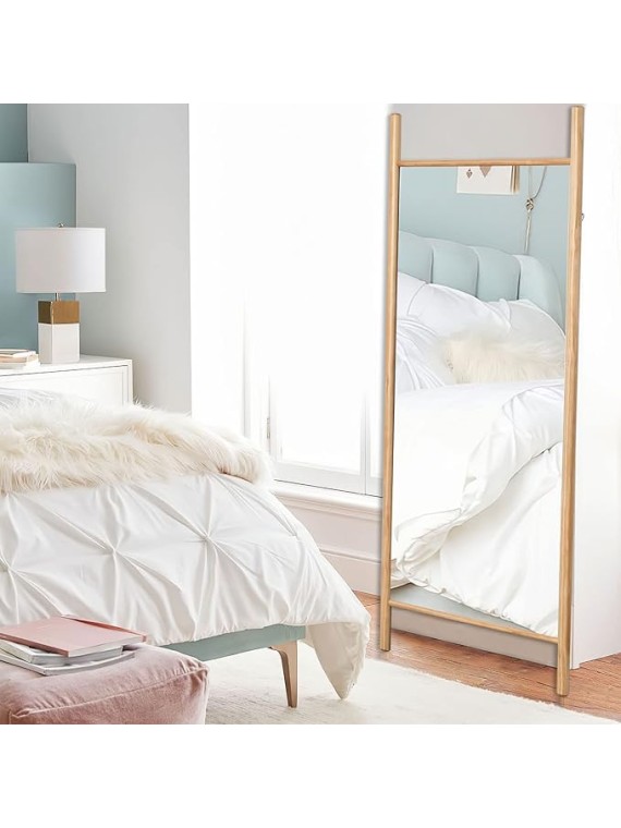 Full Length Mirror 65"x22", Rustic Leaning Ladder Floor Mirror with Wood Frame, Dressing Mirror Wall Mounted for Bedroom Living Room, Natural Wood