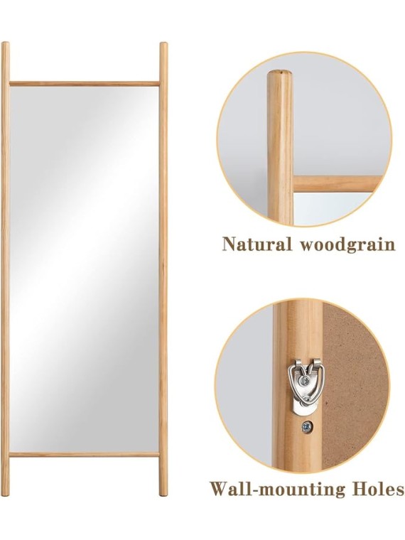 Full Length Mirror 65"x22", Rustic Leaning Ladder Floor Mirror with Wood Frame, Dressing Mirror Wall Mounted for Bedroom Living Room, Natural Wood