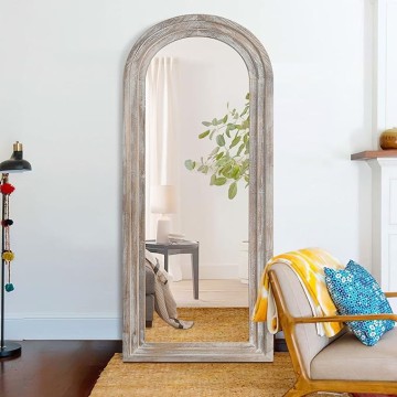 Arched Full Length Mirror Solid Wood Frame Mirror Floor Mirror with Back Hooks Vertically Hanging Wall Mirror Dressing Mirror for Bedroom Living Room (65"x22", Weathering White)