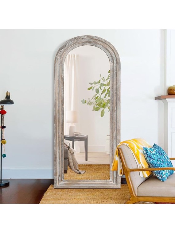 Arched Full Length Mirror Solid Wood Frame Mirror Floor Mirror with Back Hooks Vertically Hanging Wall Mirror Dressing Mirror for Bedroom Living Room (65"x22", Weathering White)