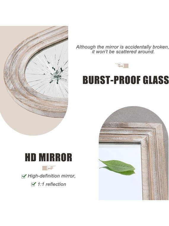 Arched Full Length Mirror Solid Wood Frame Mirror Floor Mirror with Back Hooks Vertically Hanging Wall Mirror Dressing Mirror for Bedroom Living Room (65"x22", Weathering White)