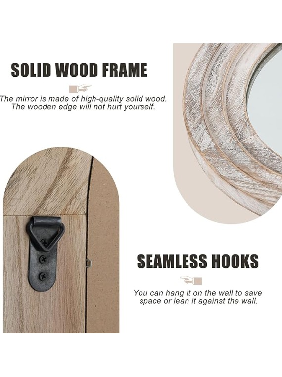 Arched Full Length Mirror Solid Wood Frame Mirror Floor Mirror with Back Hooks Vertically Hanging Wall Mirror Dressing Mirror for Bedroom Living Room (65"x22", Weathering White)