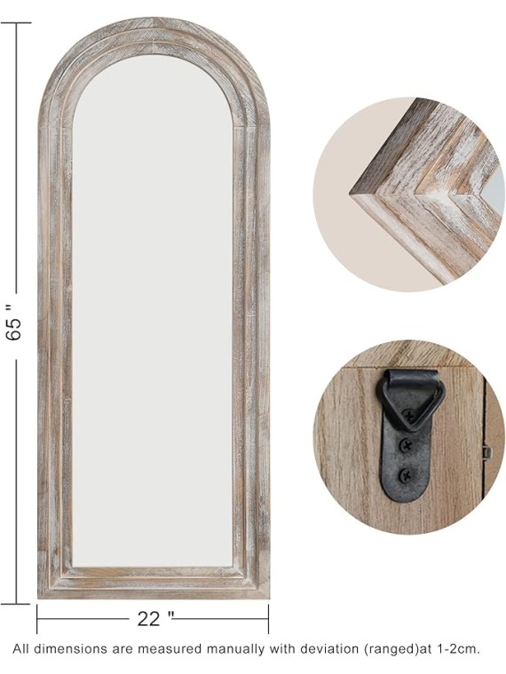 Arched Full Length Mirror Solid Wood Frame Mirror Floor Mirror with Back Hooks Vertically Hanging Wall Mirror Dressing Mirror for Bedroom Living Room (65"x22", Weathering White)