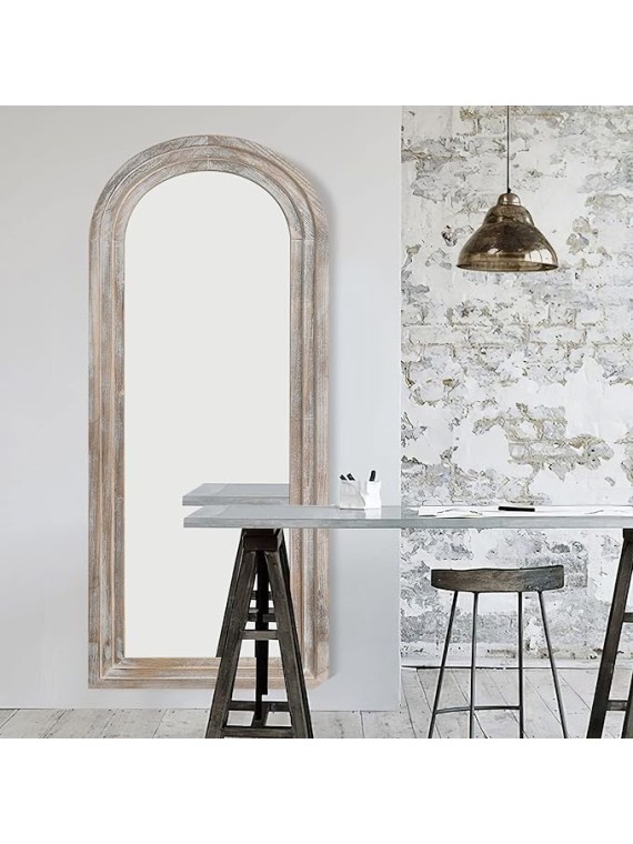 Arched Full Length Mirror Solid Wood Frame Mirror Floor Mirror with Back Hooks Vertically Hanging Wall Mirror Dressing Mirror for Bedroom Living Room (65"x22", Weathering White)