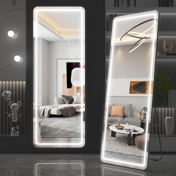 65"x22" Full Length Floor Mirror LED Whole Body Mirror, Wall Mounted Hanging Mirror with Lights, Makeup Vanity Mirror, Bedroom Full Size Body Mirror with Dimming & 3 Color Modes Black