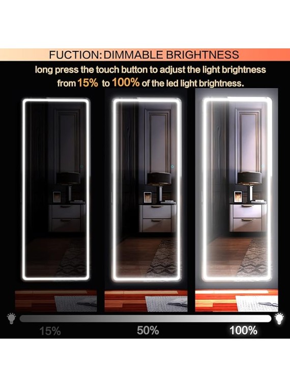 65"x22" Full Length Floor Mirror LED Whole Body Mirror, Wall Mounted Hanging Mirror with Lights, Makeup Vanity Mirror, Bedroom Full Size Body Mirror with Dimming & 3 Color Modes Black