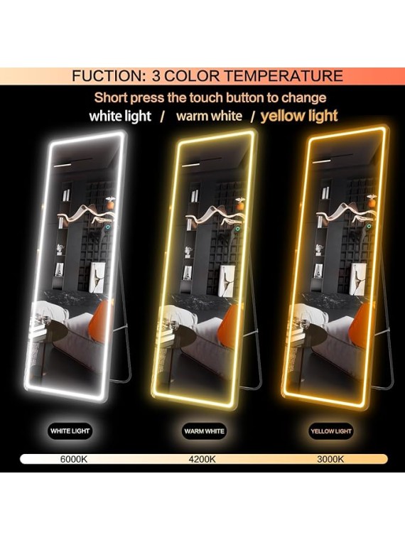 65"x22" Full Length Floor Mirror LED Whole Body Mirror, Wall Mounted Hanging Mirror with Lights, Makeup Vanity Mirror, Bedroom Full Size Body Mirror with Dimming & 3 Color Modes Black