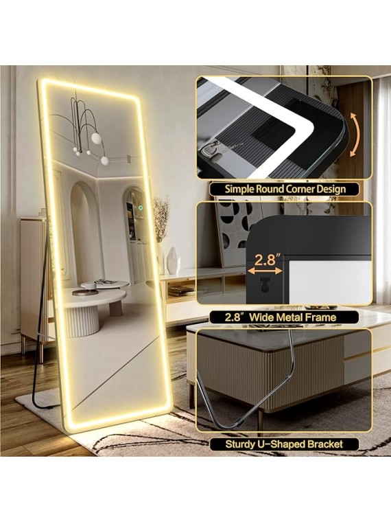 65"x22" Full Length Floor Mirror LED Whole Body Mirror, Wall Mounted Hanging Mirror with Lights, Makeup Vanity Mirror, Bedroom Full Size Body Mirror with Dimming & 3 Color Modes Black