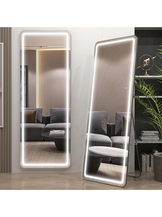 65"x22" Full Length Floor Mirror LED Whole Body Mirror, Wall Mounted Hanging Mirror with Lights, Makeup Vanity Mirror, Bedroom Full Size Body Mirror with Dimming & 3 Color Modes Black
