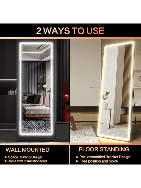 65"x22" Full Length Floor Mirror LED Whole Body Mirror, Wall Mounted Hanging Mirror with Lights, Makeup Vanity Mirror, Bedroom Full Size Body Mirror with Dimming & 3 Color Modes Black