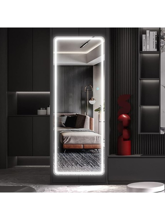 65"x22" Full Length Floor Mirror LED Whole Body Mirror, Wall Mounted Hanging Mirror with Lights, Makeup Vanity Mirror, Bedroom Full Size Body Mirror with Dimming & 3 Color Modes Black