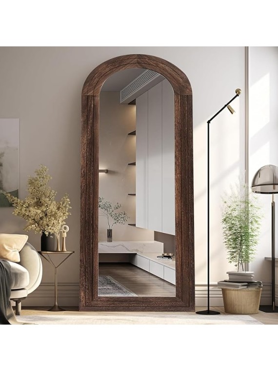 Arched Full Length Mirror with Solid Wood Frame, 65x22 Farmhouse Wall Mounted Floor Mirror with Stand, Vertical Hanging, Leaning Standing for Bedroom, Living Room, Brown