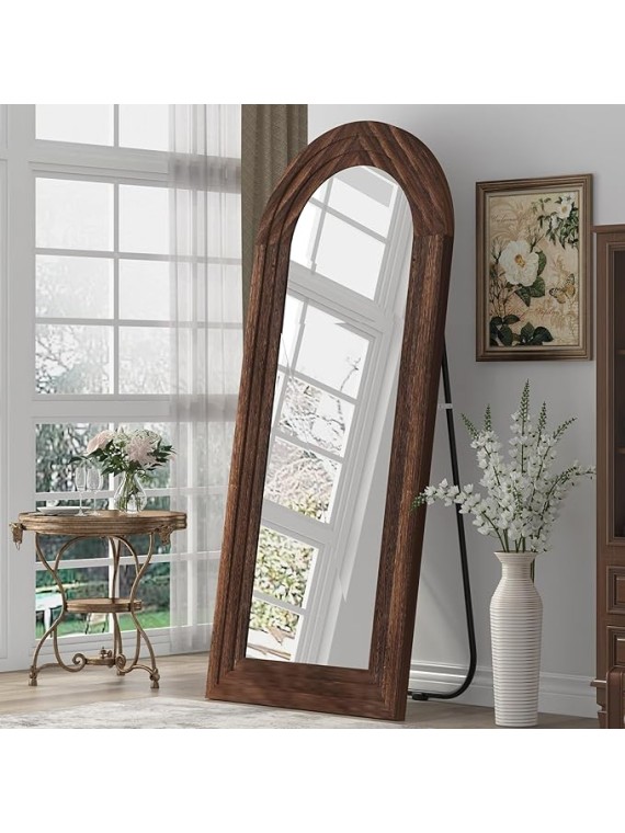Arched Full Length Mirror with Solid Wood Frame, 65x22 Farmhouse Wall Mounted Floor Mirror with Stand, Vertical Hanging, Leaning Standing for Bedroom, Living Room, Brown
