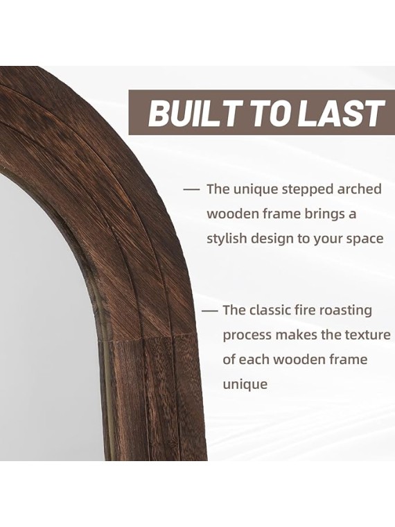 Arched Full Length Mirror with Solid Wood Frame, 65x22 Farmhouse Wall Mounted Floor Mirror with Stand, Vertical Hanging, Leaning Standing for Bedroom, Living Room, Brown