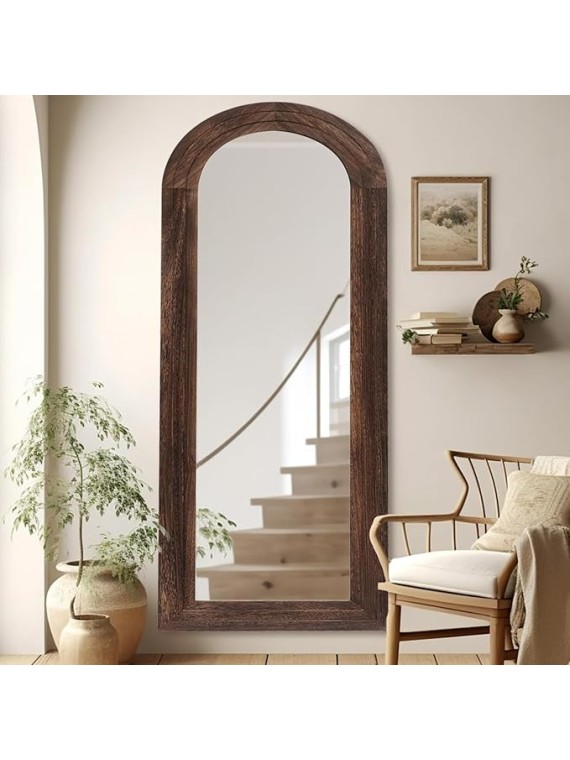 Arched Full Length Mirror with Solid Wood Frame, 65x22 Farmhouse Wall Mounted Floor Mirror with Stand, Vertical Hanging, Leaning Standing for Bedroom, Living Room, Brown
