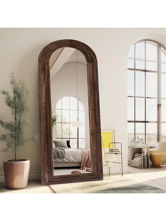 Arched Full Length Mirror with Solid Wood Frame, 65x22 Farmhouse Wall Mounted Floor Mirror with Stand, Vertical Hanging, Leaning Standing for Bedroom, Living Room, Brown