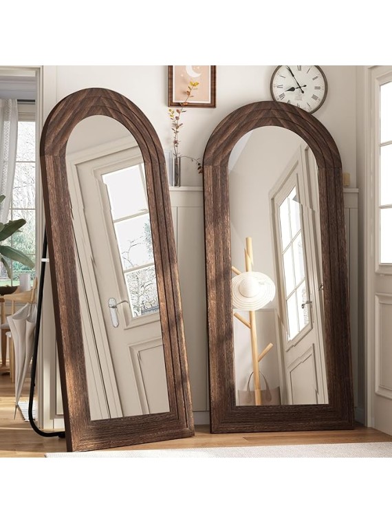 Arched Full Length Mirror with Solid Wood Frame, 65x22 Farmhouse Wall Mounted Floor Mirror with Stand, Vertical Hanging, Leaning Standing for Bedroom, Living Room, Brown