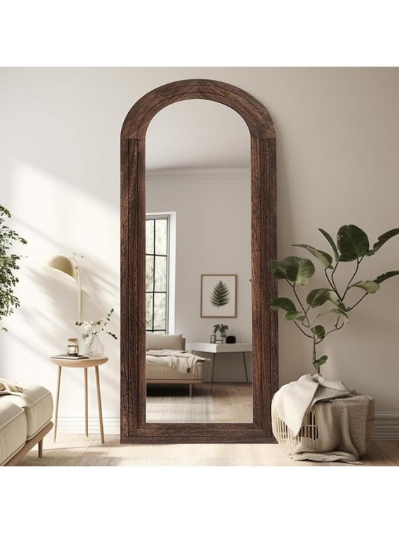 Arched Full Length Mirror with Solid Wood Frame, 65x22 Farmhouse Wall Mounted Floor Mirror with Stand, Vertical Hanging, Leaning Standing for Bedroom, Living Room, Brown