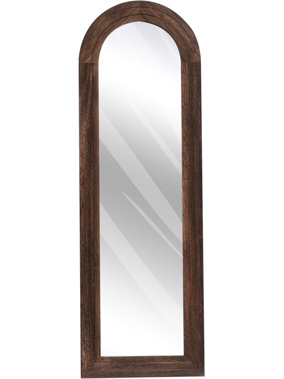 Arched Full Length Mirror with Solid Wood Frame, 65x22 Farmhouse Wall Mounted Floor Mirror with Stand, Vertical Hanging, Leaning Standing for Bedroom, Living Room, Brown