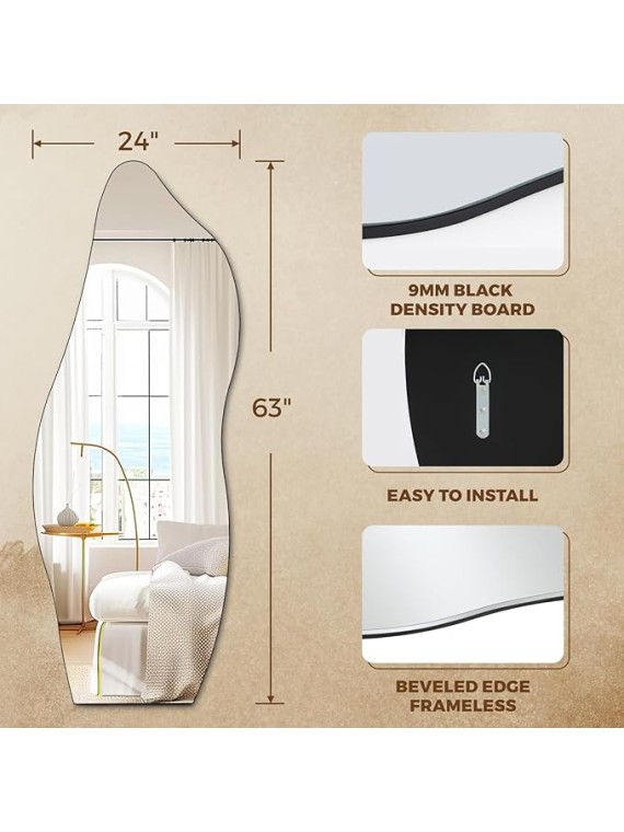 Full Length Mirror 63"x24" Irregular Wall Mirror Wave Frameless for Living Room Bathroom Bedroom Entryway Decor