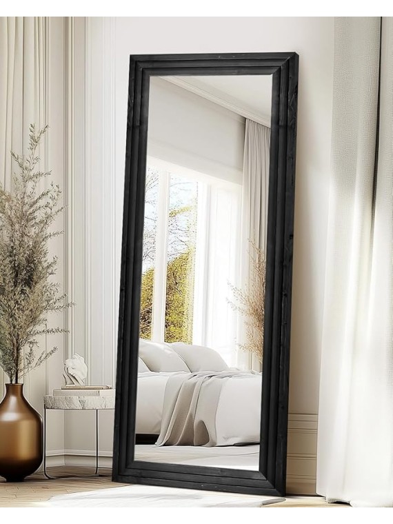 Full Length Mirror 65"x24" Solid Wood Frame Floor Large Mirror for Living Room, Bedroom Hanging or Leaning Wall-Mounted, Black