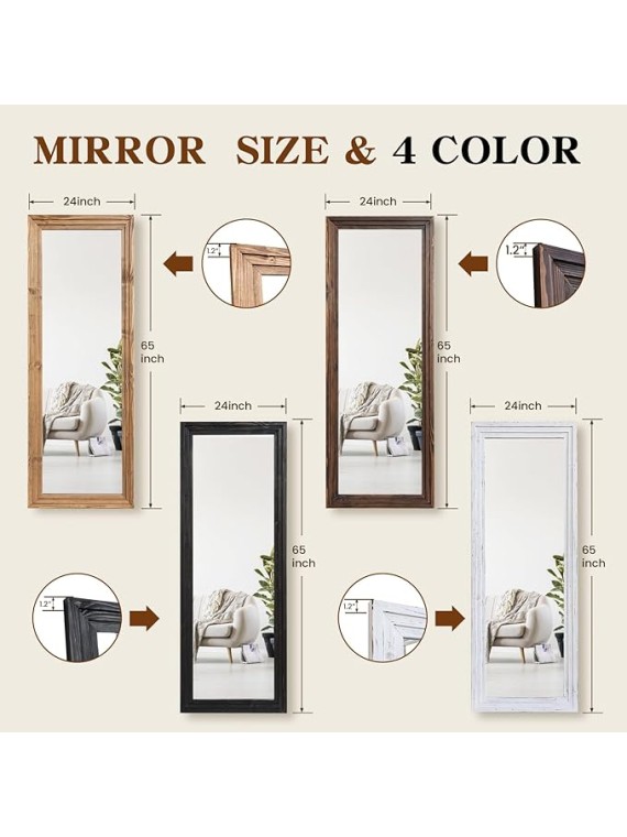 Full Length Mirror 65"x24" Solid Wood Frame Floor Large Mirror for Living Room, Bedroom Hanging or Leaning Wall-Mounted, Black