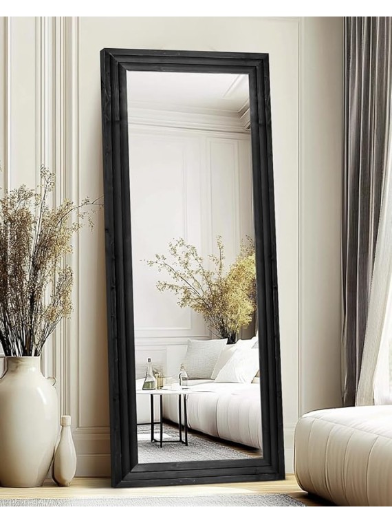 Full Length Mirror 65"x24" Solid Wood Frame Floor Large Mirror for Living Room, Bedroom Hanging or Leaning Wall-Mounted, Black