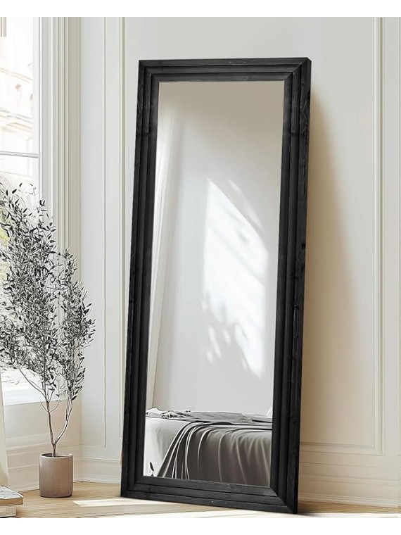 Full Length Mirror 65"x24" Solid Wood Frame Floor Large Mirror for Living Room, Bedroom Hanging or Leaning Wall-Mounted, Black