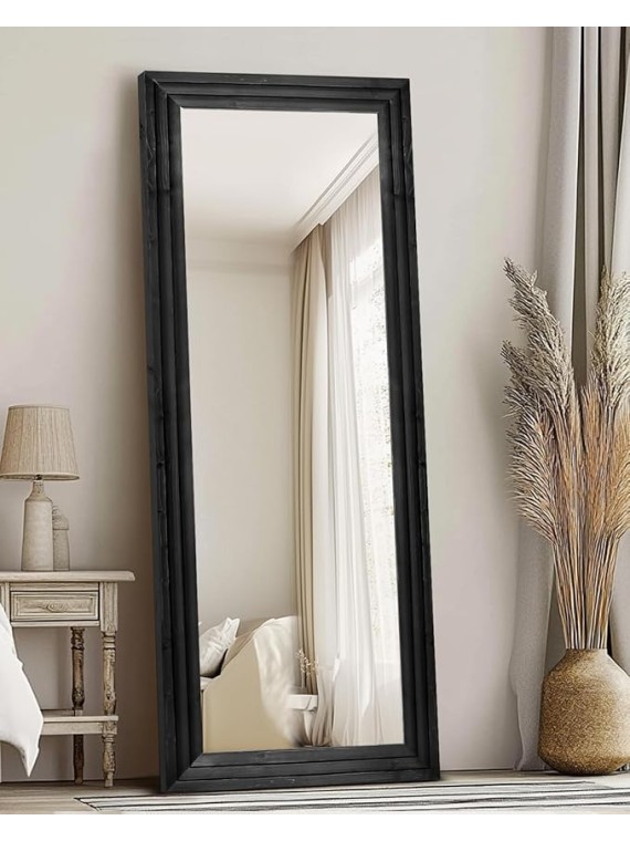 Full Length Mirror 65"x24" Solid Wood Frame Floor Large Mirror for Living Room, Bedroom Hanging or Leaning Wall-Mounted, Black
